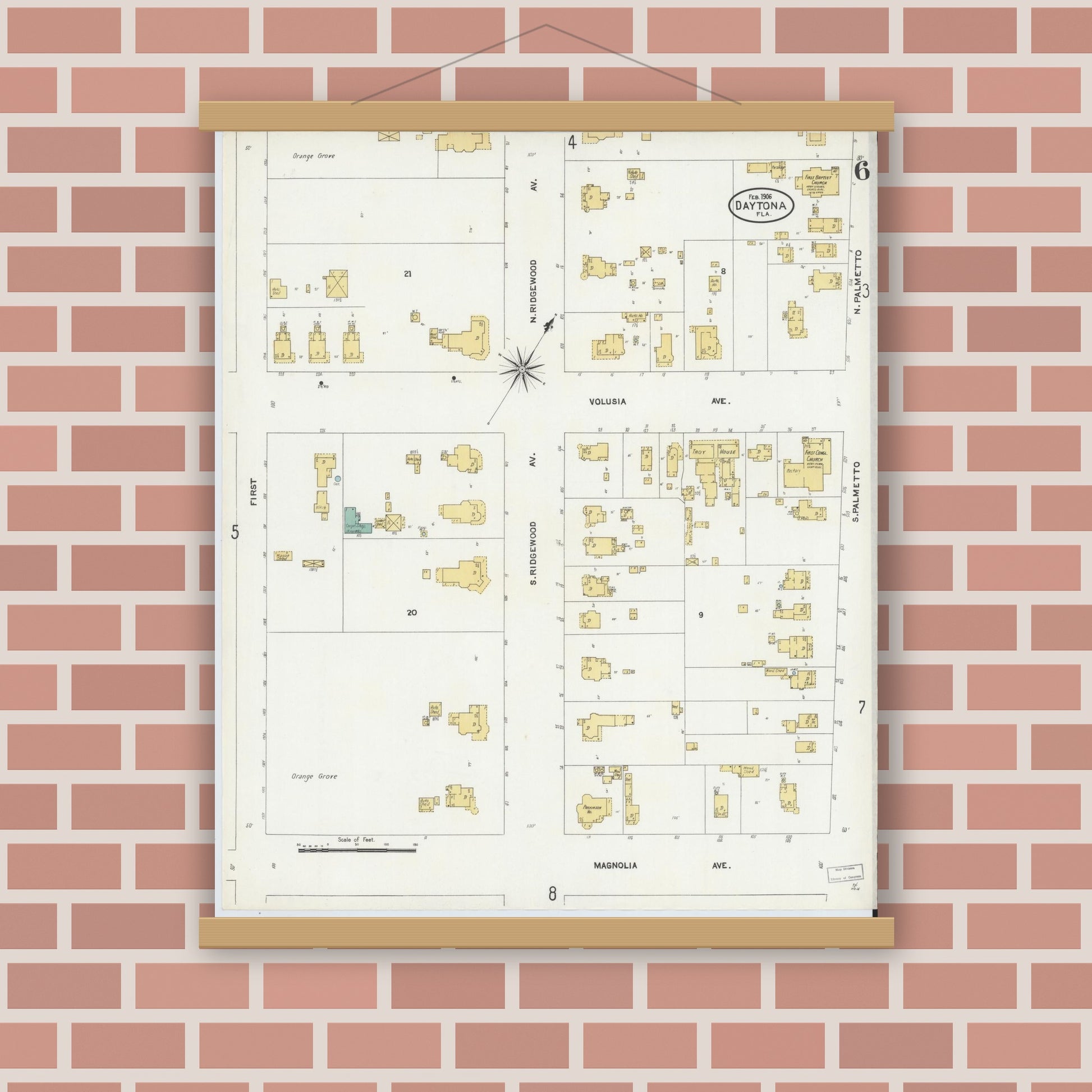 Old map wall art mockup — magnetic wood frame on brick wall — Sanborn Fire Insurance Map from Daytona, Volusia County, Florida (1906), Sheet #0006