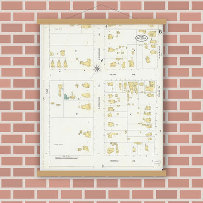 Old map wall art mockup — magnetic wood frame on brick wall — Sanborn Fire Insurance Map from Daytona, Volusia County, Florida (1906), Sheet #0006