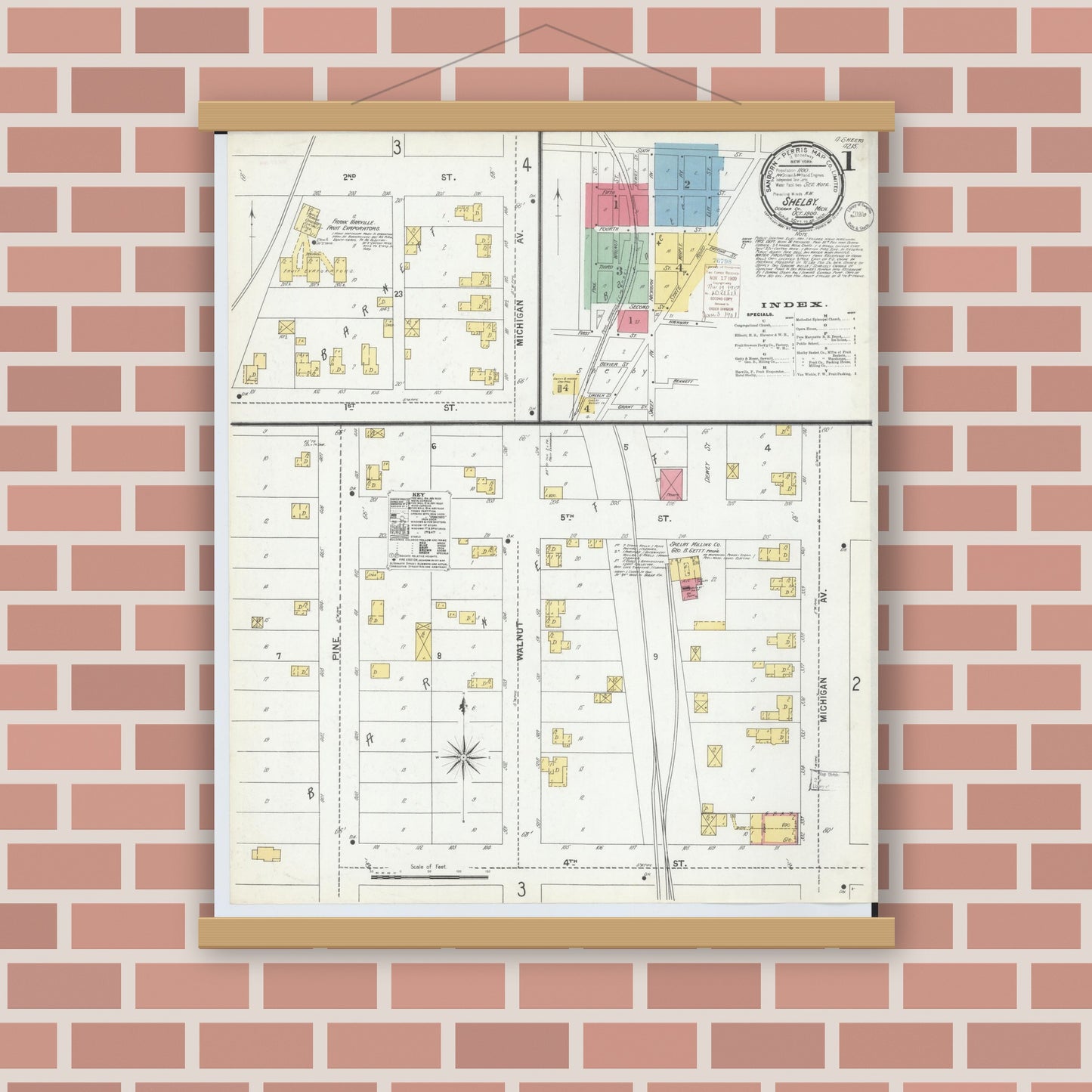 Old map wall art mockup — magnetic wood frame on brick wall — Sanborn Fire Insurance Map from Shelby, Oceana County, Michigan (1900) - Complete Map Set