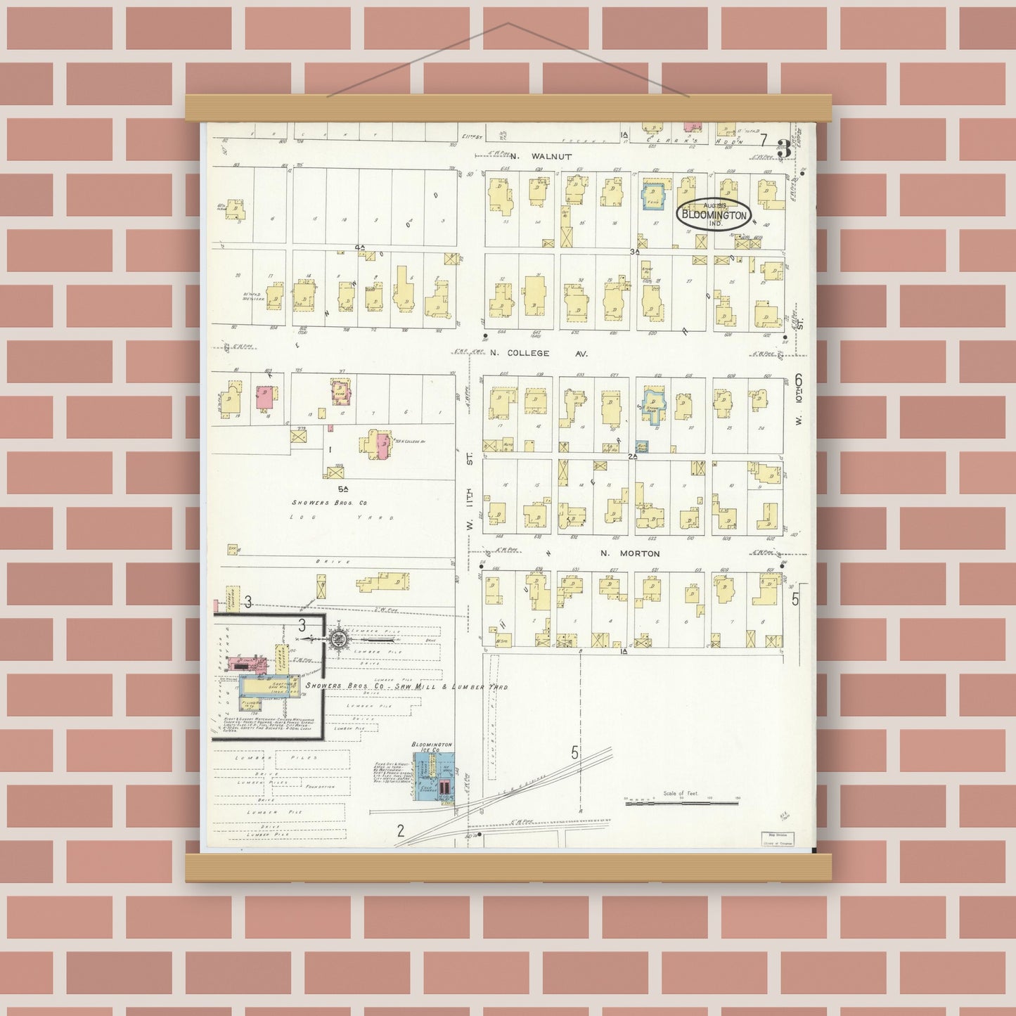 Old map wall art mockup — magnetic wood frame on brick wall — Sanborn Fire Insurance Map from Bloomington, Monroe County, Indiana (1913), Sheet #0003