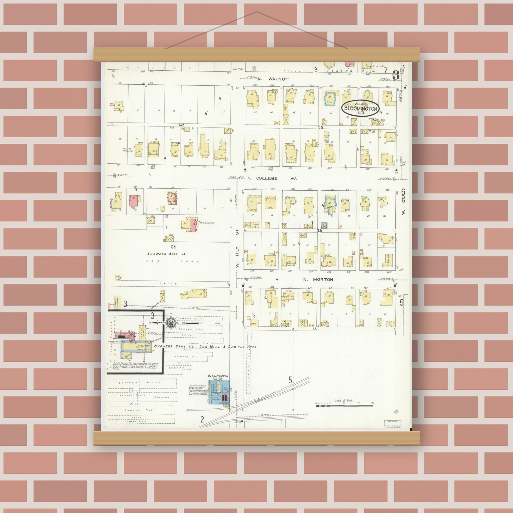 Old map wall art mockup — magnetic wood frame on brick wall — Sanborn Fire Insurance Map from Bloomington, Monroe County, Indiana (1913), Sheet #0003