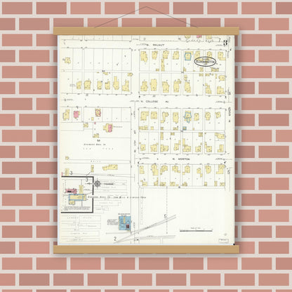 Old map wall art mockup — magnetic wood frame on brick wall — Sanborn Fire Insurance Map from Bloomington, Monroe County, Indiana (1913), Sheet #0003