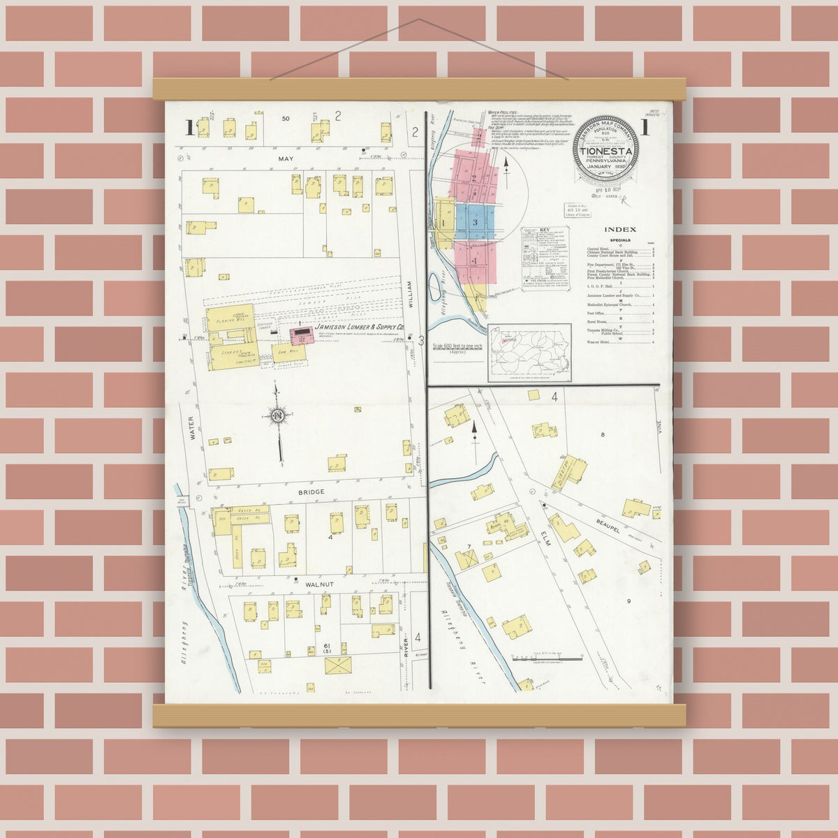 Old map wall art mockup — magnetic wood frame on brick wall — Sanborn Fire Insurance Map from Tionesta, Forest County, Pennsylvania (1930), Sheet #0001