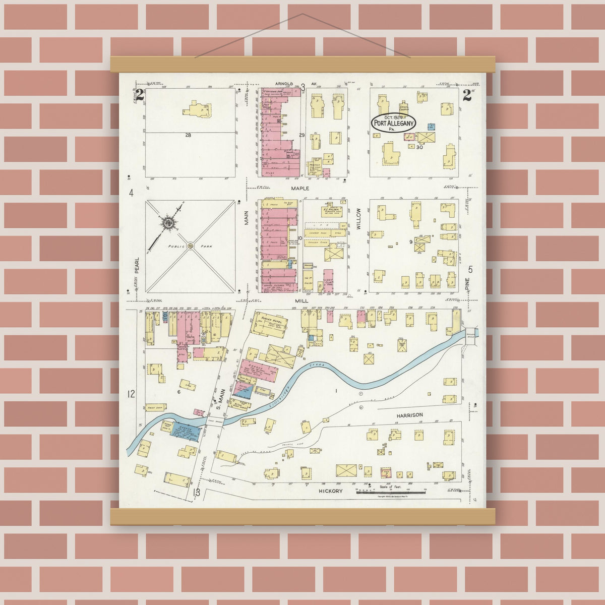 Old map wall art mockup — magnetic wood frame on brick wall — Sanborn Fire Insurance Map from Port Allegany, McKean County, Pennsylvania (1924), Sheet #0002