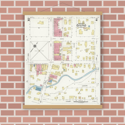 Old map wall art mockup — magnetic wood frame on brick wall — Sanborn Fire Insurance Map from Port Allegany, McKean County, Pennsylvania (1924), Sheet #0002