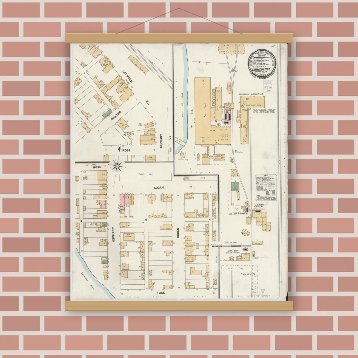 Old map wall art mockup — magnetic wood frame on brick wall — Sanborn Fire Insurance Map from Confluence, Somerset County, Pennsylvania (1901), Sheet #0001