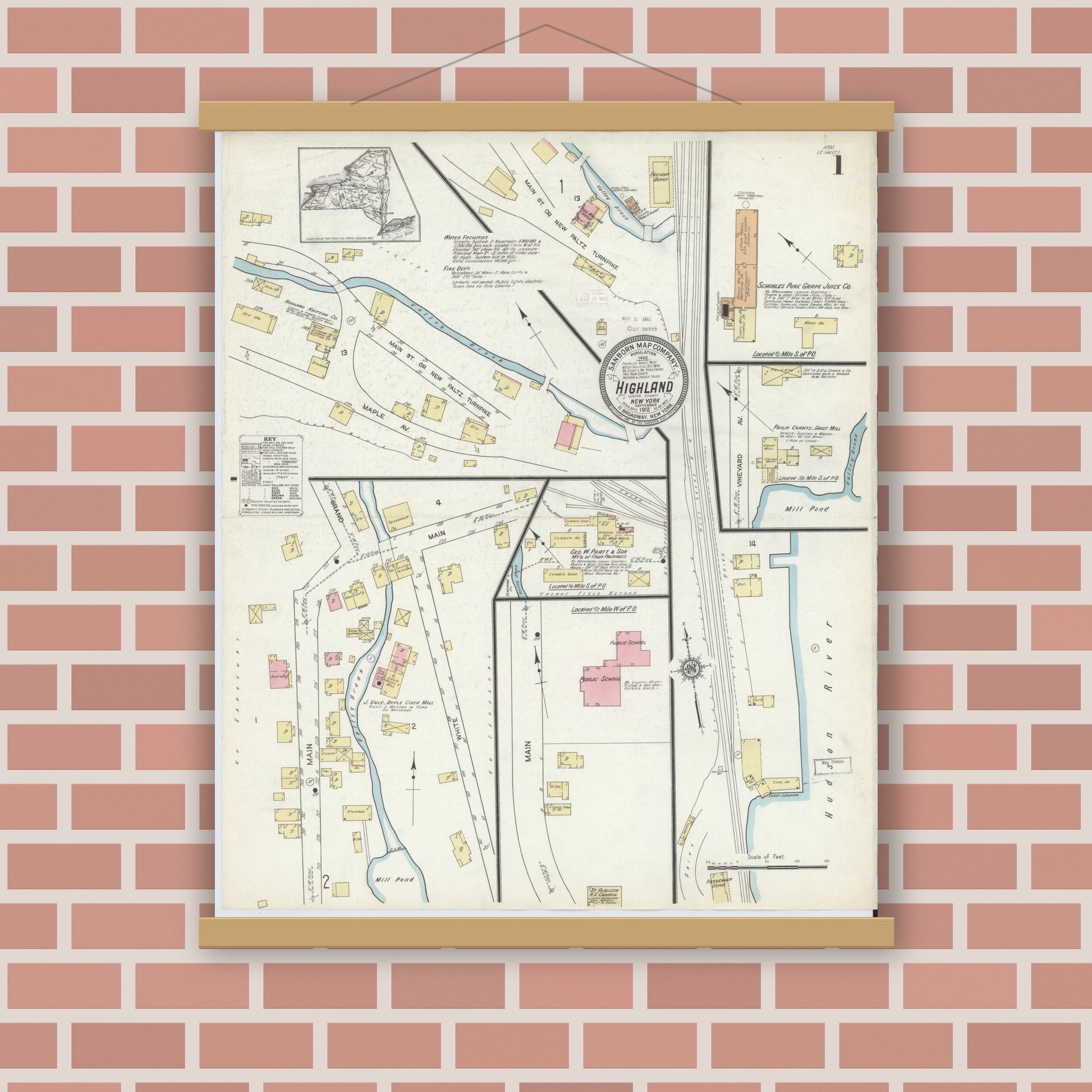 Old map wall art mockup — magnetic wood frame on brick wall — Sanborn Fire Insurance Map from Highland, Ulster County, New York (1912) - Complete Map Set