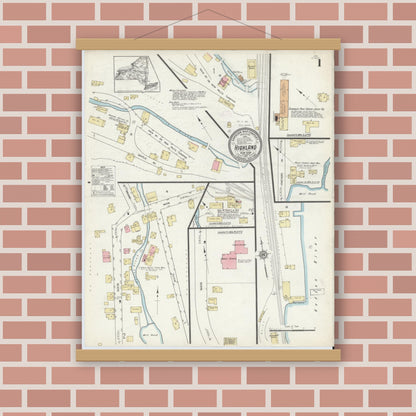Old map wall art mockup — magnetic wood frame on brick wall — Sanborn Fire Insurance Map from Highland, Ulster County, New York (1912) - Complete Map Set