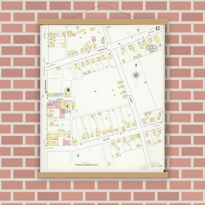 Old map wall art mockup — magnetic wood frame on brick wall — Sanborn Fire Insurance Map from Salem, Columbiana County, Ohio (1909), Sheet #0017
