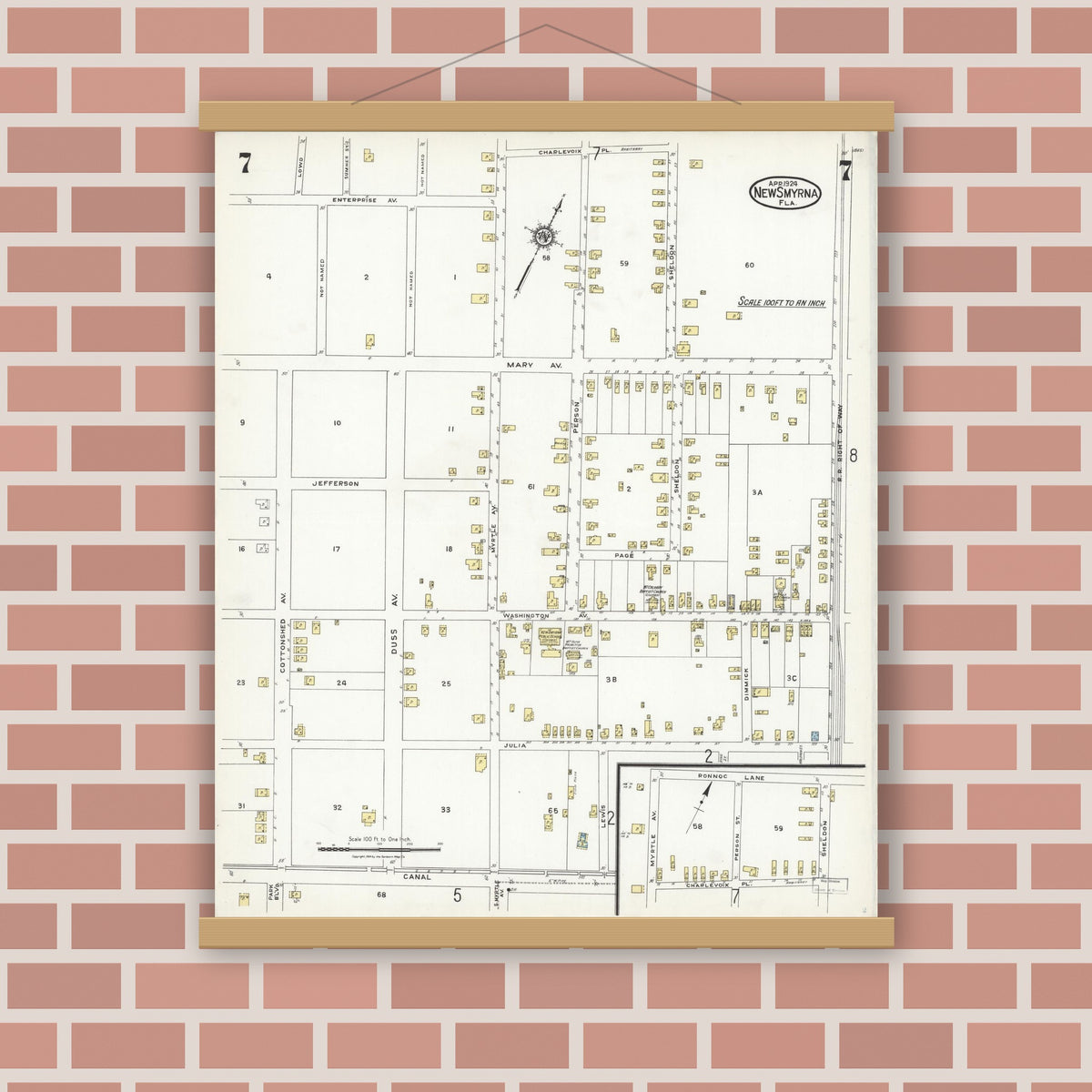 Old map wall art mockup — magnetic wood frame on brick wall — Sanborn Fire Insurance Map from New Smyrna, Valusia County, Florida (1924), Sheet #0007