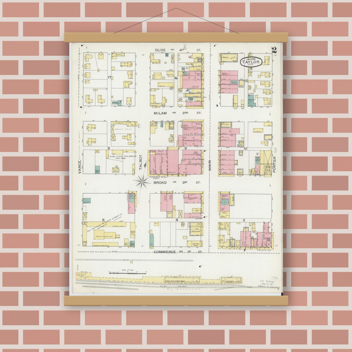 Old map wall art mockup — magnetic wood frame on brick wall — Sanborn Fire Insurance Map from Taylor, Williamson County, Texas (1893), Sheet #0002