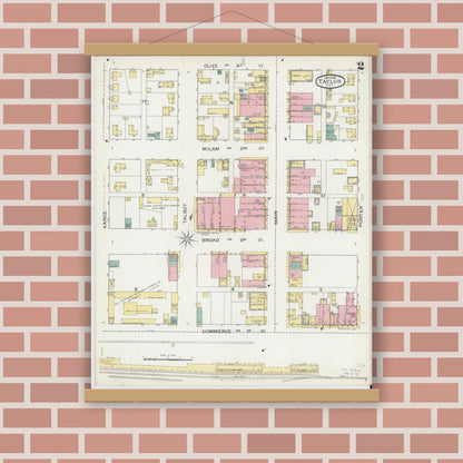 Old map wall art mockup — magnetic wood frame on brick wall — Sanborn Fire Insurance Map from Taylor, Williamson County, Texas (1893), Sheet #0002