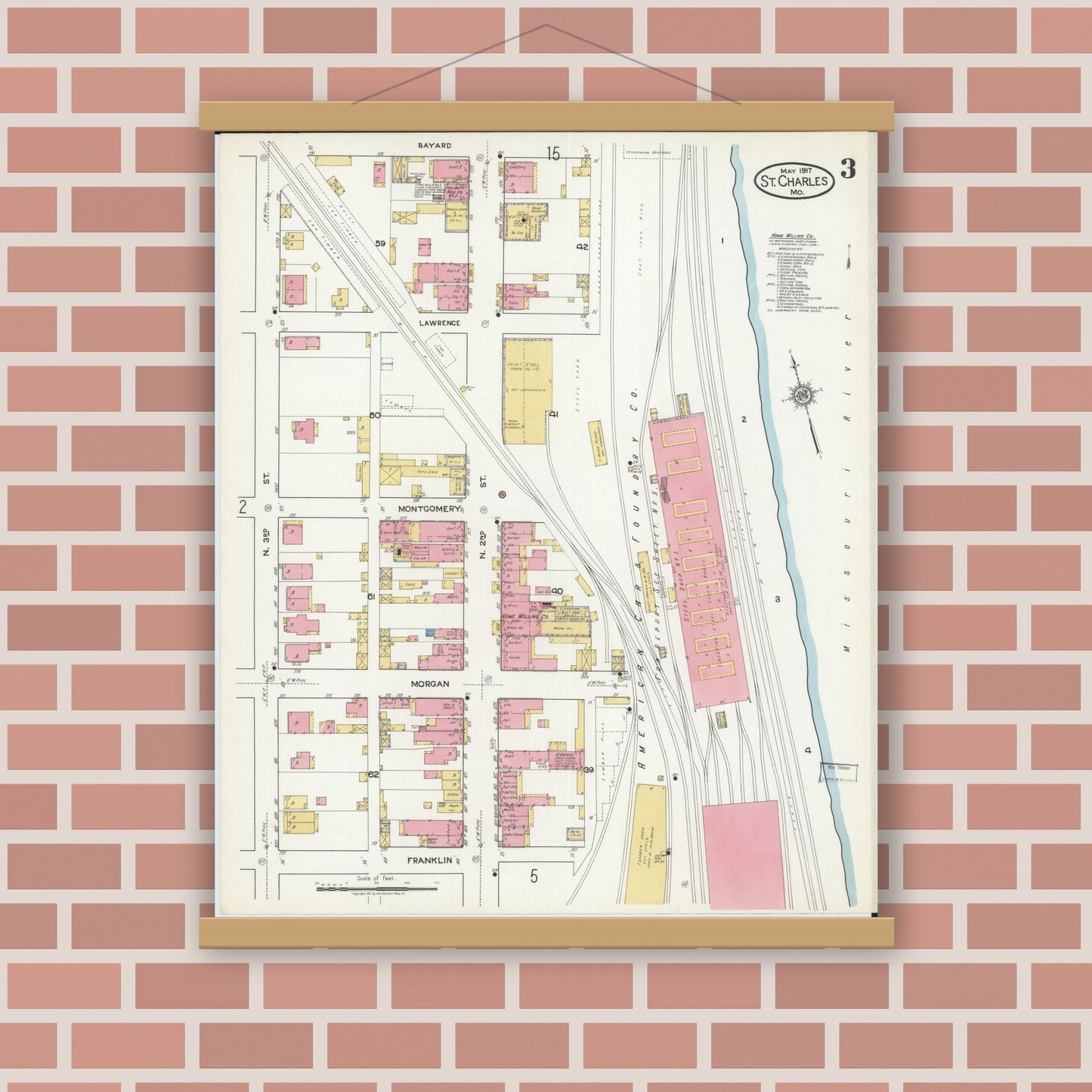 Old map wall art mockup — magnetic wood frame on brick wall — Sanborn Fire Insurance Map from Saint Charles, Saint Charles County, Missouri (1917), Sheet #0003