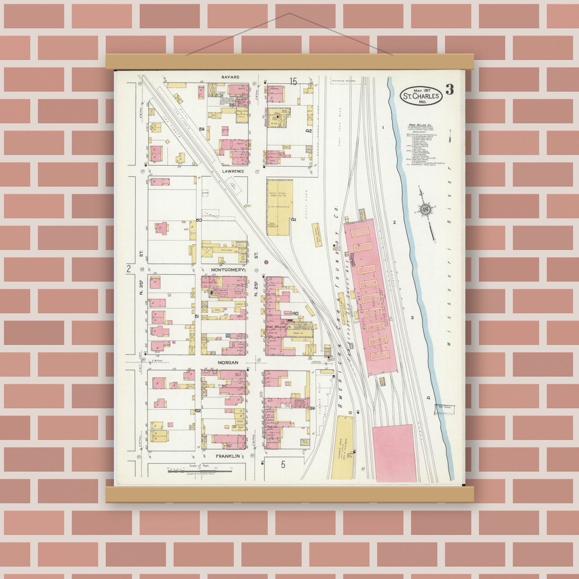 Old map wall art mockup — magnetic wood frame on brick wall — Sanborn Fire Insurance Map from Saint Charles, Saint Charles County, Missouri (1917), Sheet #0003