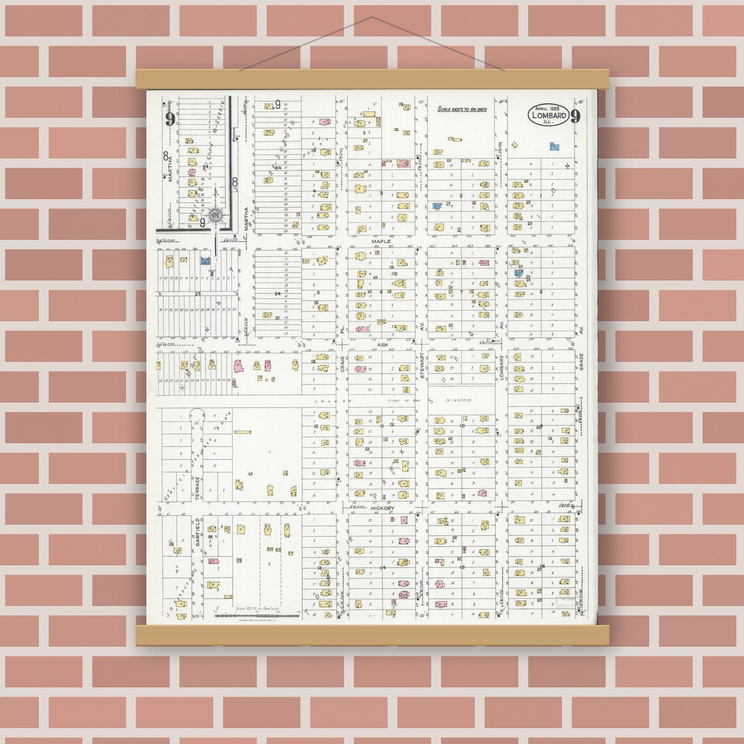 Old map wall art mockup — magnetic wood frame on brick wall — Sanborn Fire Insurance Map from Lombard, Du Page County, Illinois (1925), Sheet #0009