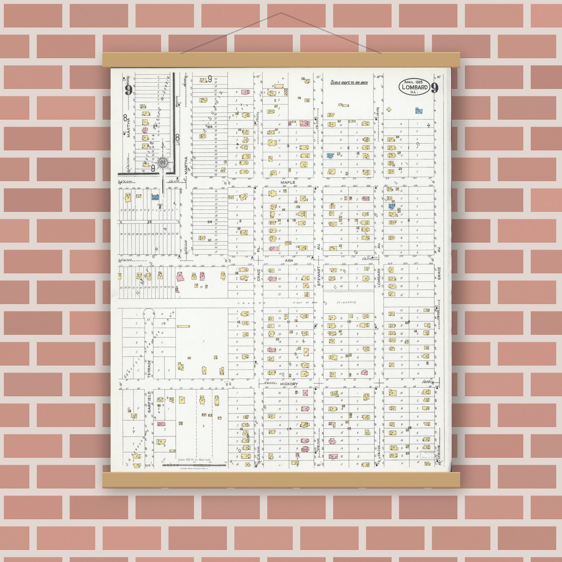 Old map wall art mockup — magnetic wood frame on brick wall — Sanborn Fire Insurance Map from Lombard, Du Page County, Illinois (1925), Sheet #0009