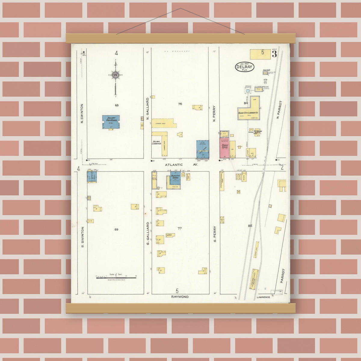 Old map wall art mockup — magnetic wood frame on brick wall — Sanborn Fire Insurance Map from Delray, Palm Beach County, Florida (1922), Sheet #0003