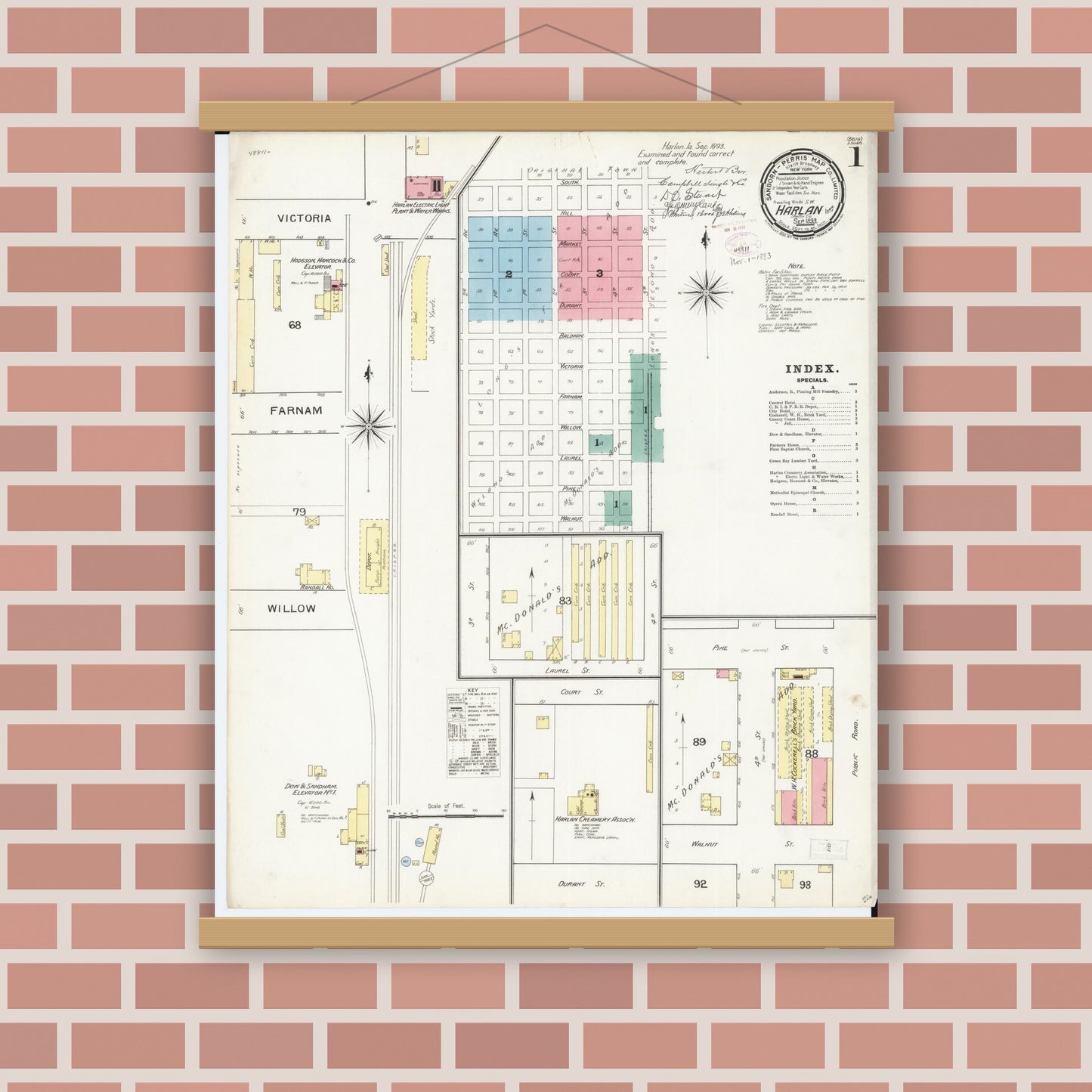 Old map wall art mockup — magnetic wood frame on brick wall — Sanborn Fire Insurance Map from Harlan, Shelby County, Iowa (1893) â€” Complete Set