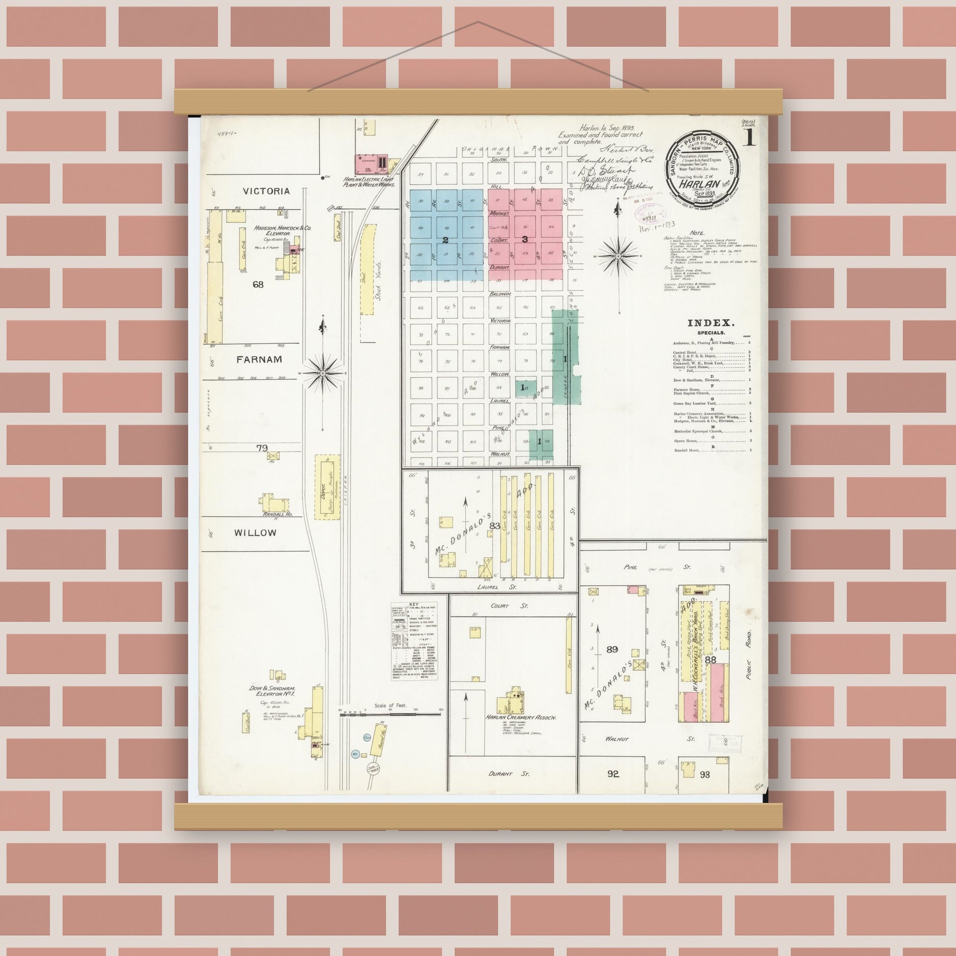 Old map wall art mockup — magnetic wood frame on brick wall — Sanborn Fire Insurance Map from Harlan, Shelby County, Iowa (1893) â€” Complete Set