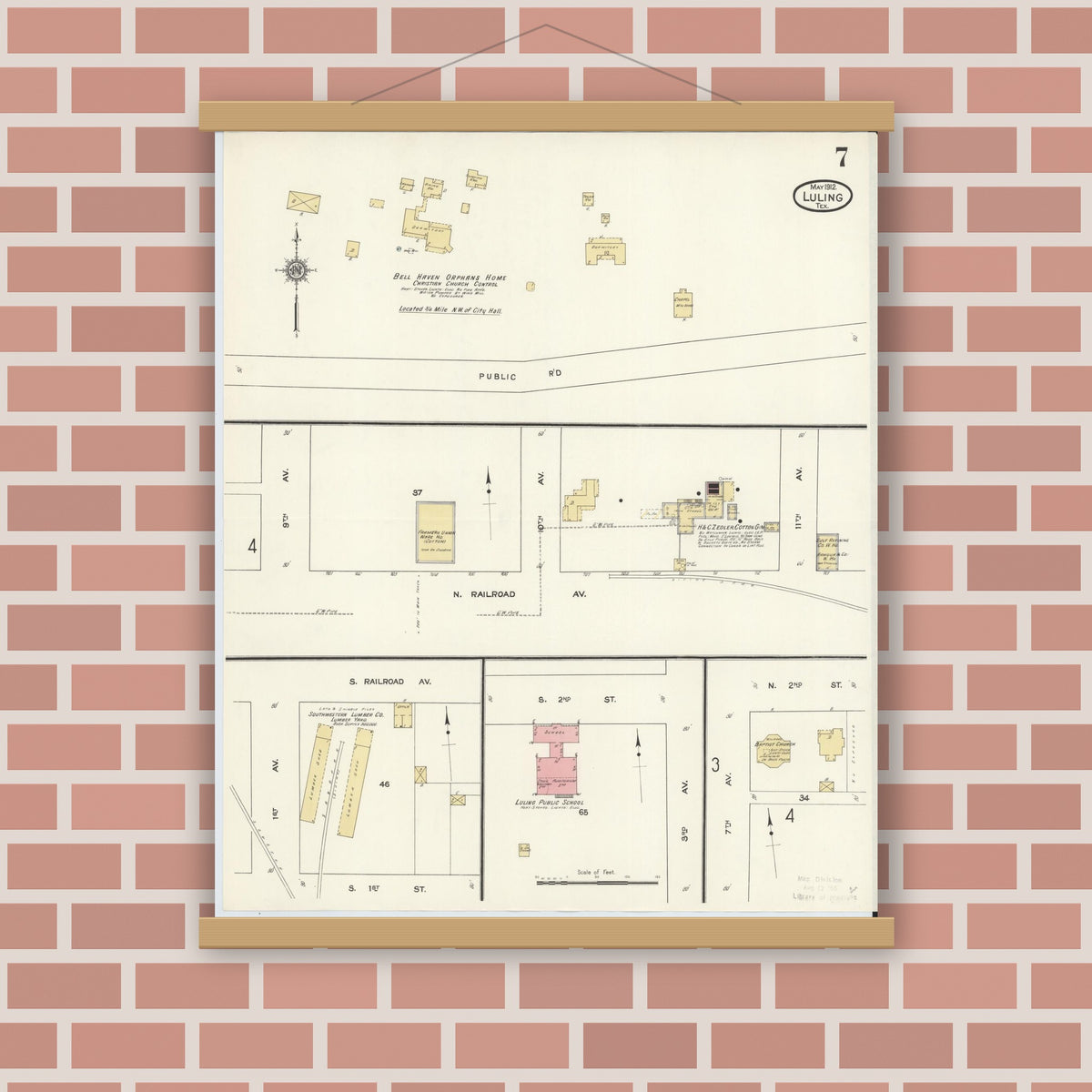 Old map wall art mockup — magnetic wood frame on brick wall — Sanborn Fire Insurance Map from Luling, Caldwell County, Texas (1912), Sheet #0007
