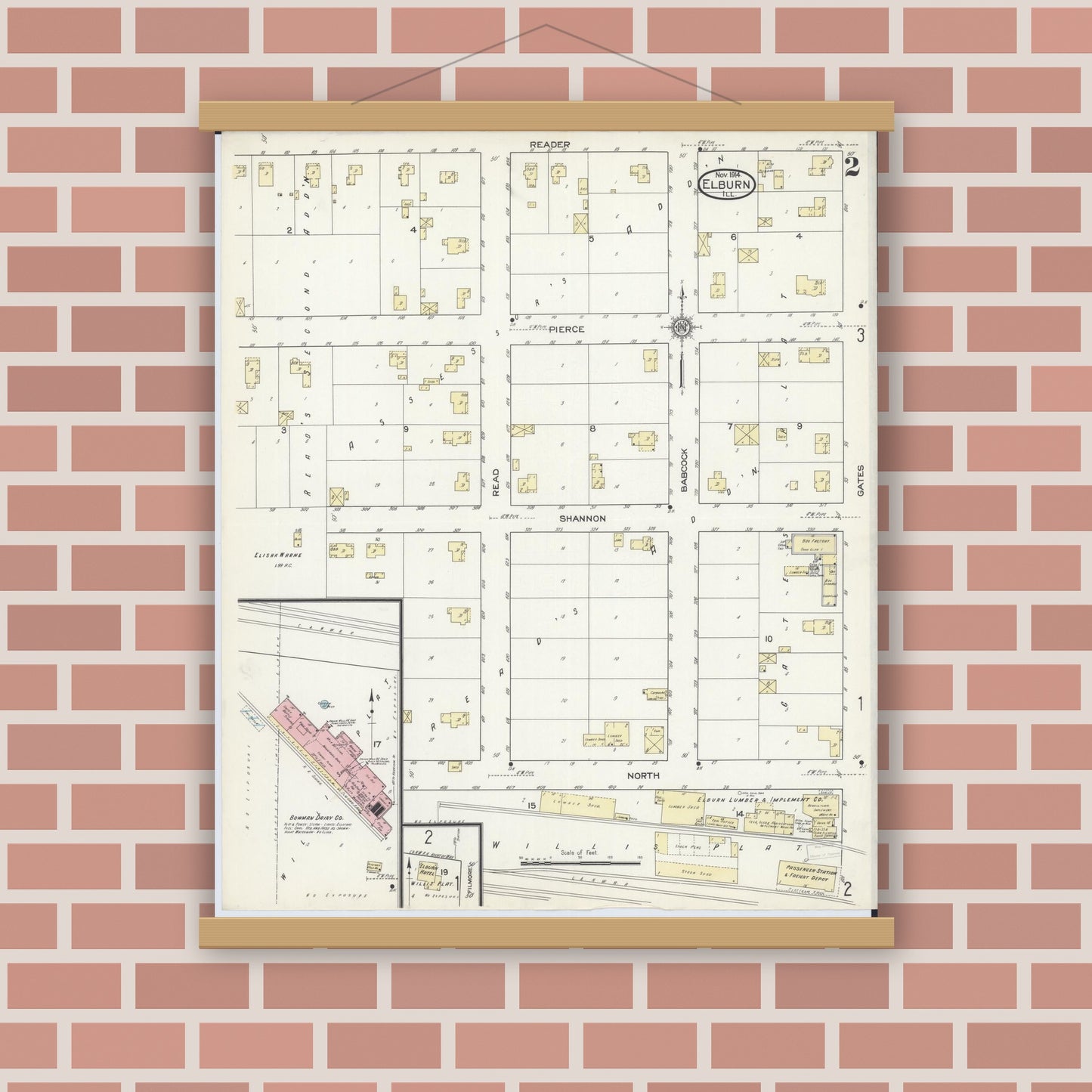 Old map wall art mockup — magnetic wood frame on brick wall — Sanborn Fire Insurance Map from Elburn, Kane County, Illinois (1914), Sheet #0002