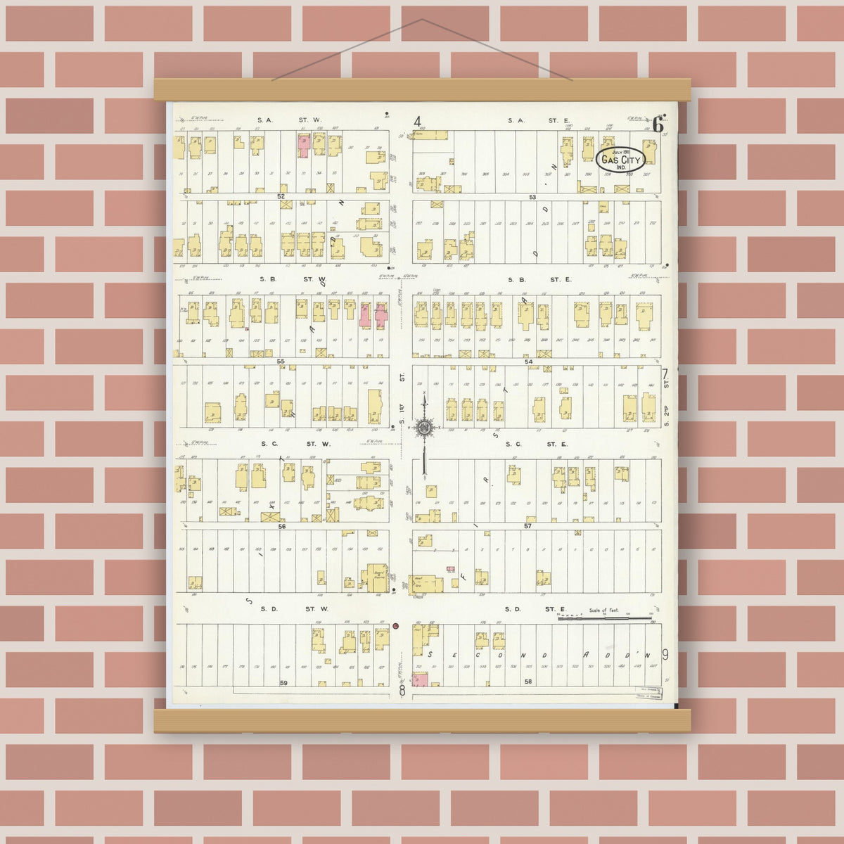 Old map wall art mockup — magnetic wood frame on brick wall — Sanborn Fire Insurance Map from Gas City, Grant County, Indiana (1911), Sheet #0006