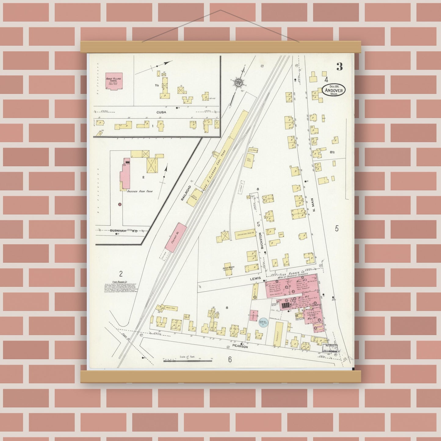 Old map wall art mockup — magnetic wood frame on brick wall — Sanborn Fire Insurance Map from Andover, Essex County, Massachusetts (1911), Sheet #0003