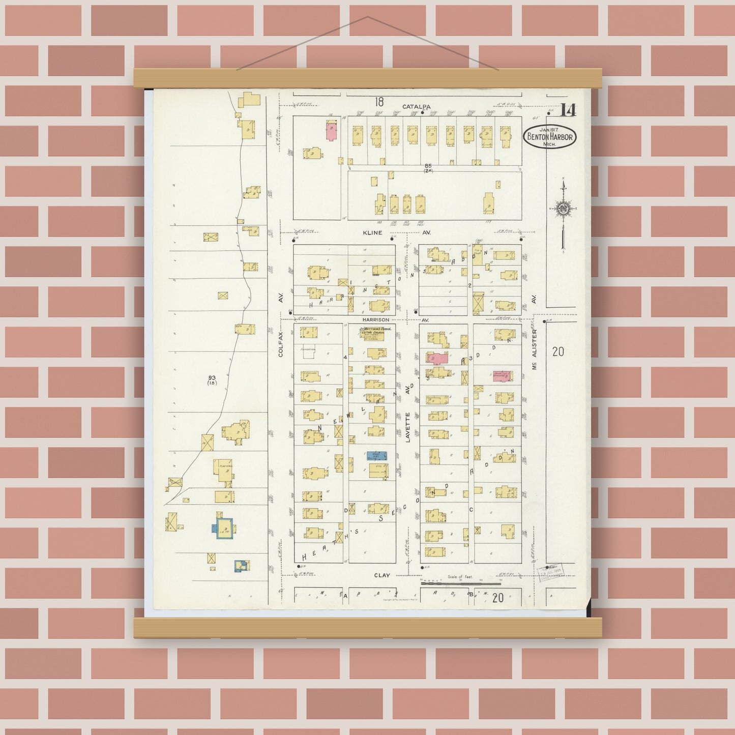 Old map wall art mockup — magnetic wood frame on brick wall — Sanborn Fire Insurance Map from Benton Harbor, Berrien County, Michigan (1917), Sheet #0014