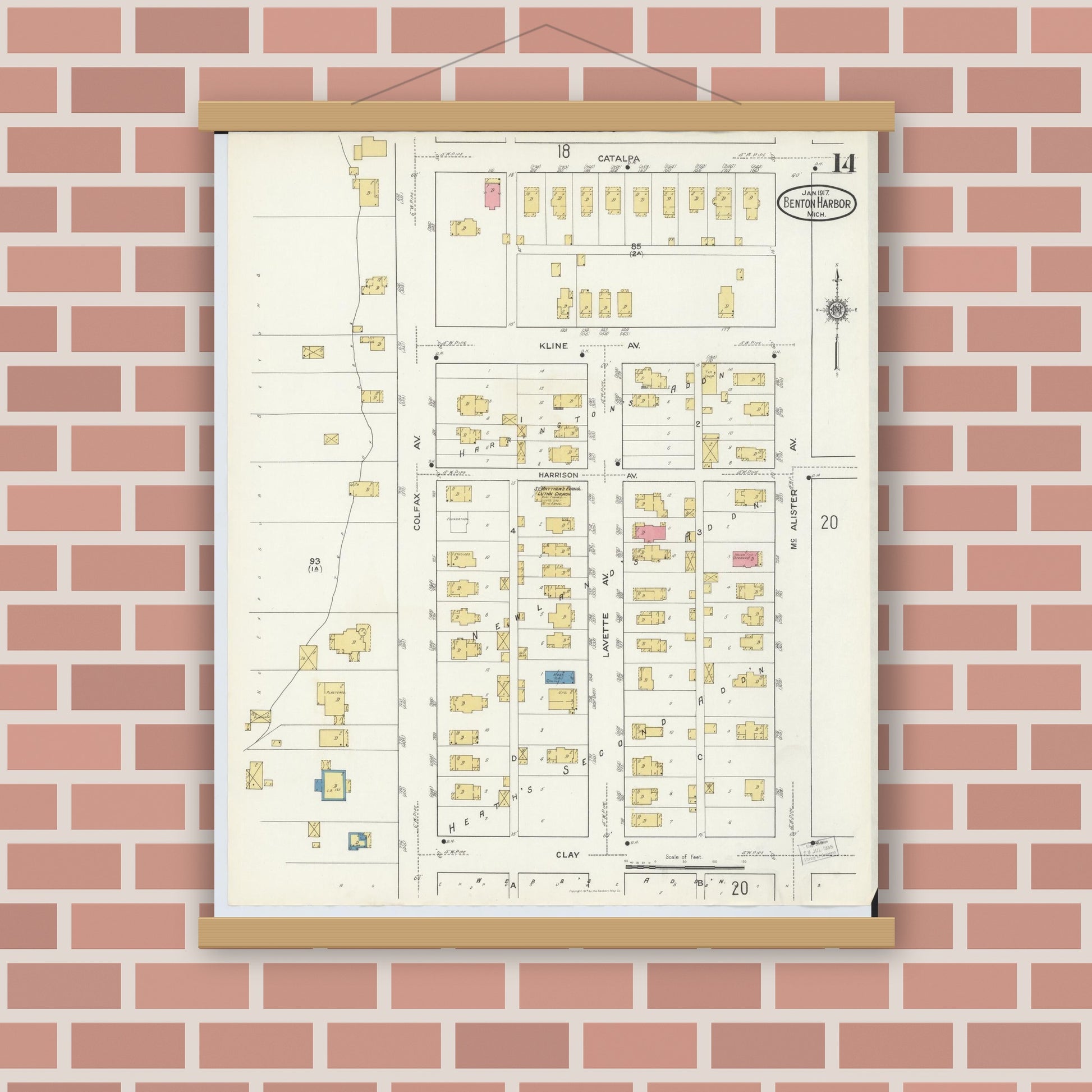 Old map wall art mockup — magnetic wood frame on brick wall — Sanborn Fire Insurance Map from Benton Harbor, Berrien County, Michigan (1917), Sheet #0014