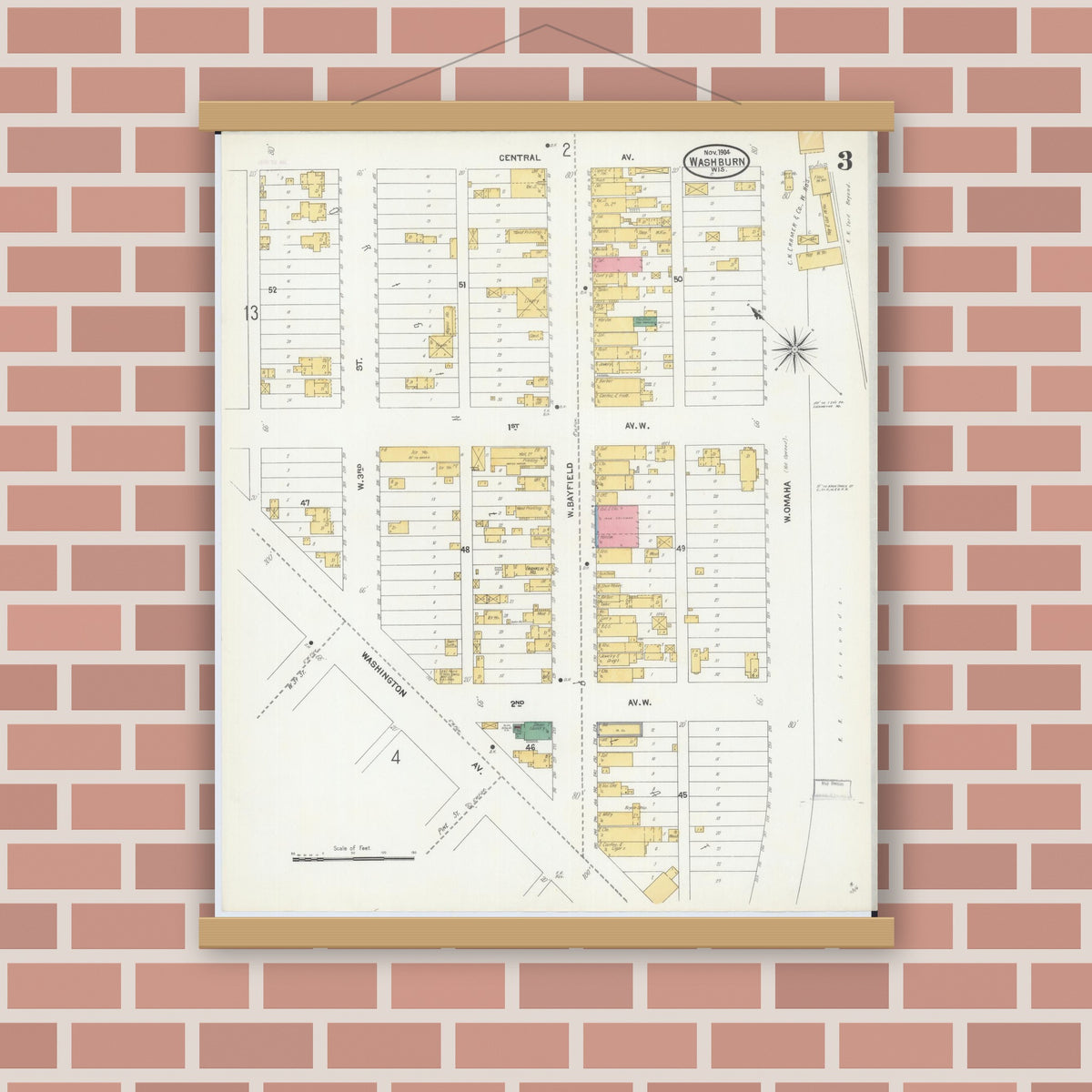 Old map wall art mockup — magnetic wood frame on brick wall — Sanborn Fire Insurance Map from Washburn, Bayfield County, Wisconsin (1904), Sheet #0003