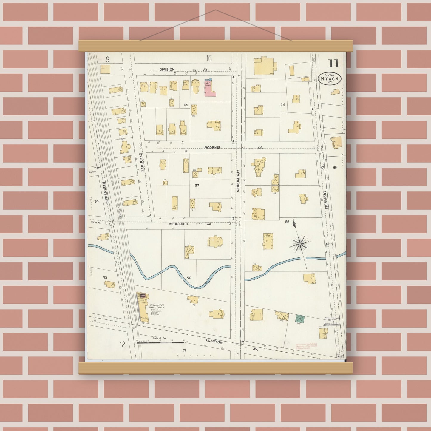 Old map wall art mockup — magnetic wood frame on brick wall — Sanborn Fire Insurance Map from Nyack, Rockland County, New York. (1903), Sheet #0011
