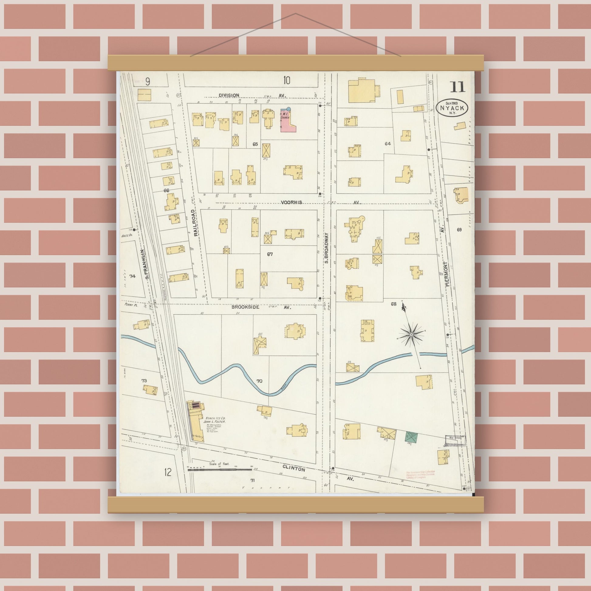 Old map wall art mockup — magnetic wood frame on brick wall — Sanborn Fire Insurance Map from Nyack, Rockland County, New York. (1903), Sheet #0011