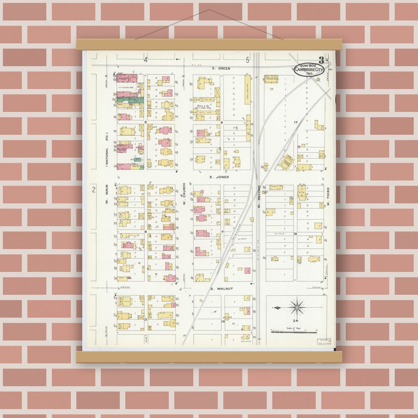 Old map wall art mockup — magnetic wood frame on brick wall — Sanborn Fire Insurance Map from Cambridge City, Wayne County, Indiana (1908), Sheet #0003
