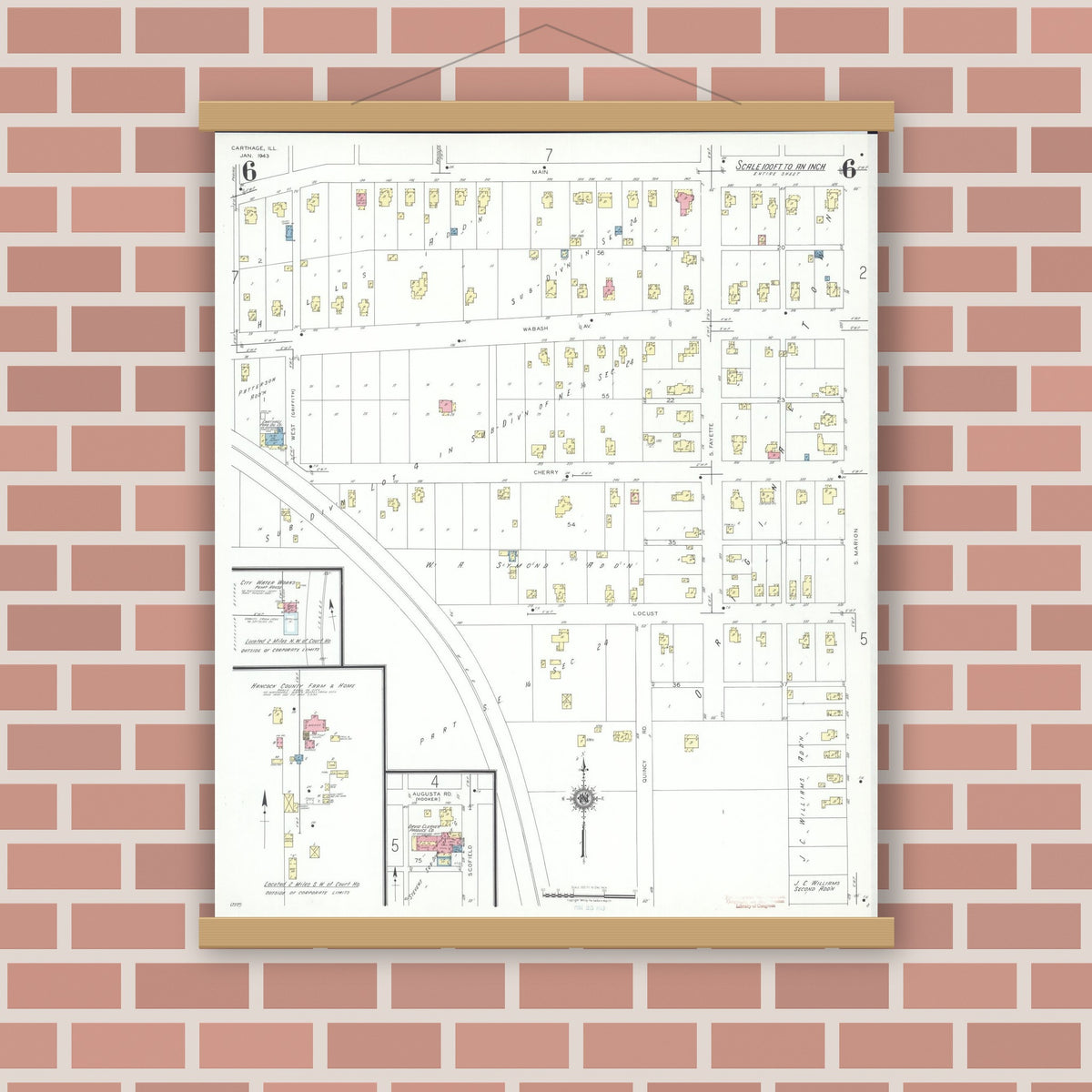 Old map wall art mockup — magnetic wood frame on brick wall — Sanborn Fire Insurance Map from Carthage, Hancock County, Illinois (1943), Sheet #0006