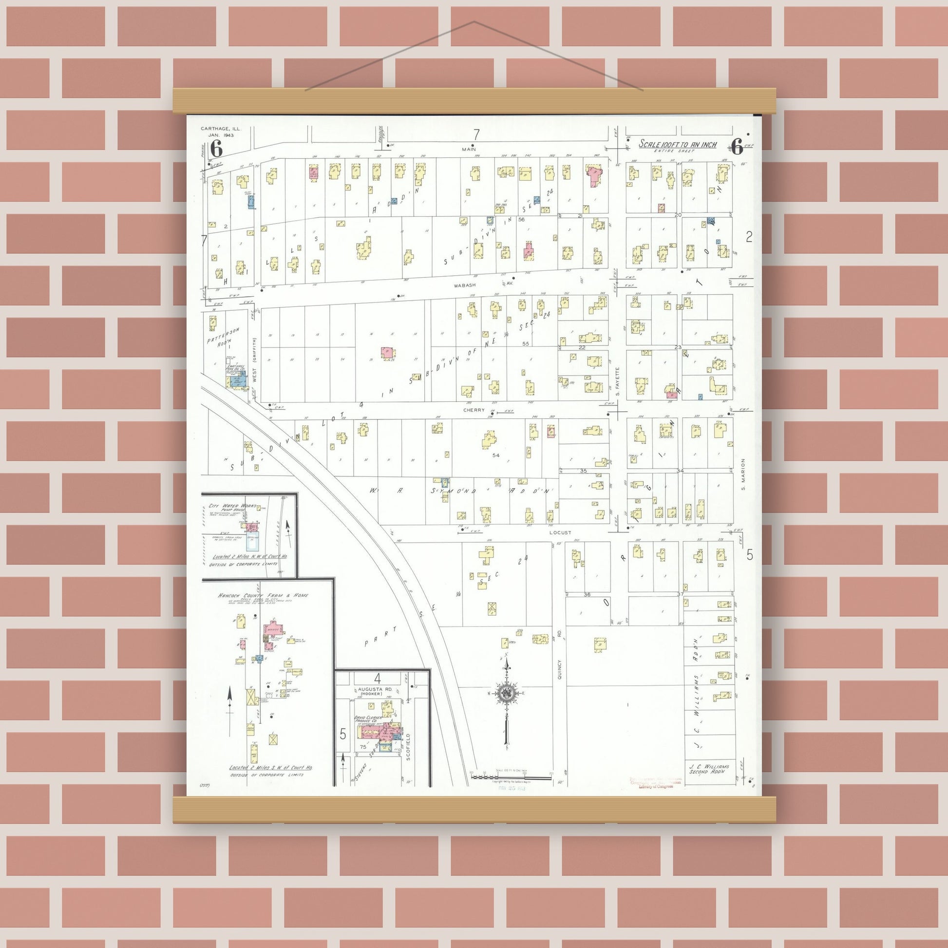 Old map wall art mockup — magnetic wood frame on brick wall — Sanborn Fire Insurance Map from Carthage, Hancock County, Illinois (1943), Sheet #0006