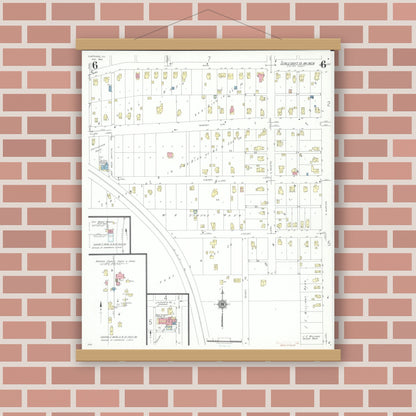 Old map wall art mockup — magnetic wood frame on brick wall — Sanborn Fire Insurance Map from Carthage, Hancock County, Illinois (1943), Sheet #0006