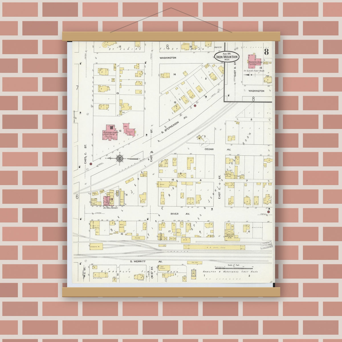 Old map wall art mockup — magnetic wood frame on brick wall — Sanborn Fire Insurance Map from Iron Mountain, Dickinson County, Michigan (1911), Sheet #0008