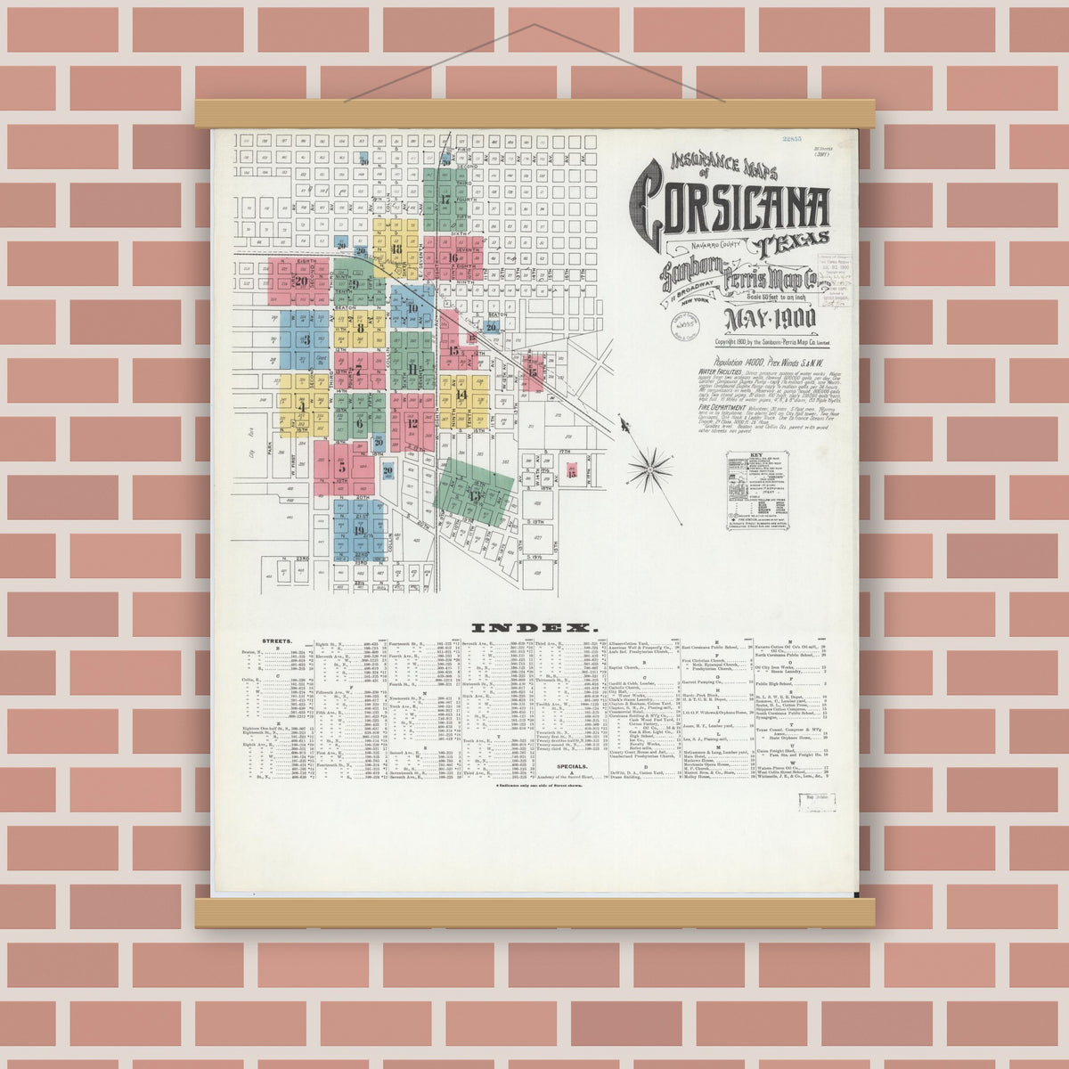 Old map wall art mockup — magnetic wood frame on brick wall — Sanborn Fire Insurance Map from Corsicana, Navarro County, Texas (1900) - Complete Map Set