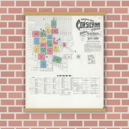 Old map wall art mockup — magnetic wood frame on brick wall — Sanborn Fire Insurance Map from Corsicana, Navarro County, Texas (1900) - Complete Map Set