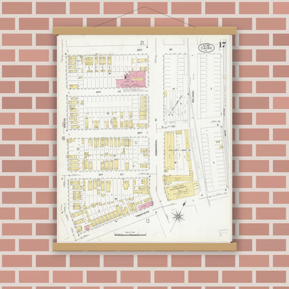Old map wall art mockup — magnetic wood frame on brick wall — Sanborn Fire Insurance Map from Cairo, Alexander County, Illinois (1907), Sheet #0017