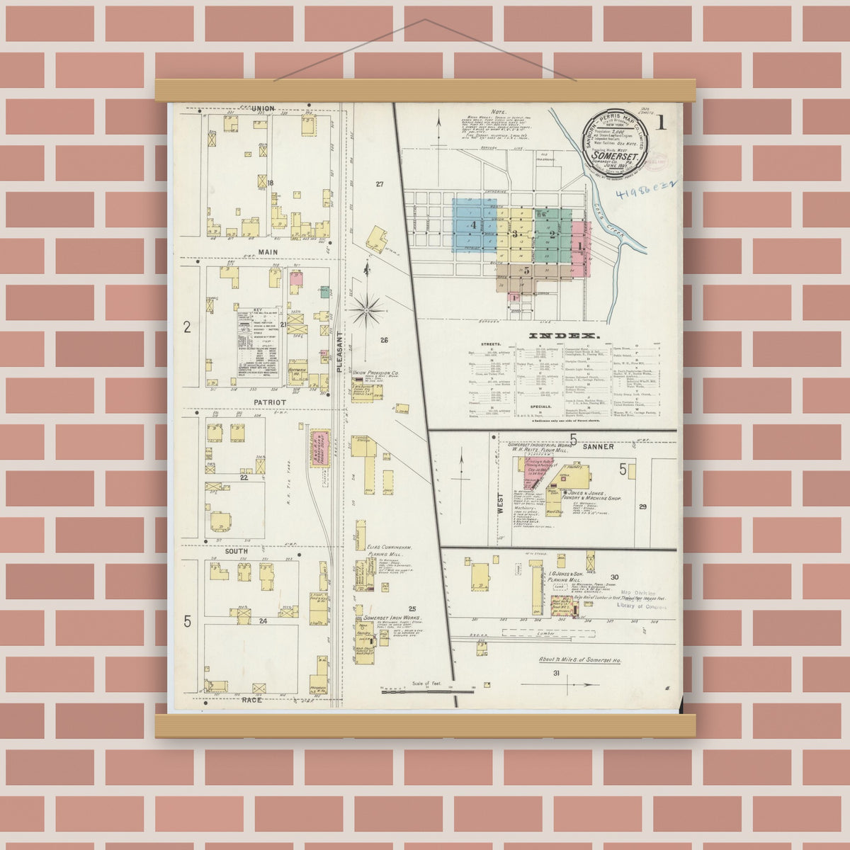 Old map wall art mockup — magnetic wood frame on brick wall — Sanborn Fire Insurance Map from Somerset, Somerset County, Pennsylvania (1897), Sheet #0001