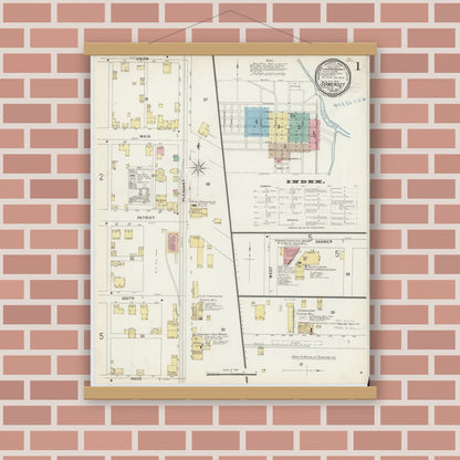 Old map wall art mockup — magnetic wood frame on brick wall — Sanborn Fire Insurance Map from Somerset, Somerset County, Pennsylvania (1897), Sheet #0001