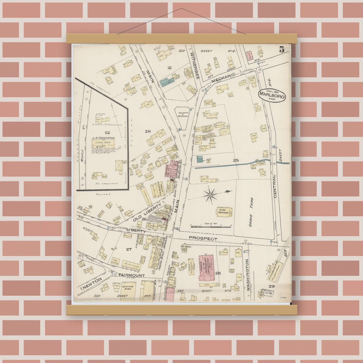 Old map wall art mockup — magnetic wood frame on brick wall — Sanborn Fire Insurance Map from Marlborough, Middlesex County, Massachusetts (1885), Sheet #0005