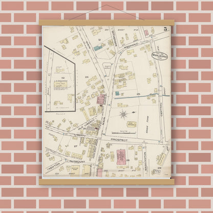 Old map wall art mockup — magnetic wood frame on brick wall — Sanborn Fire Insurance Map from Marlborough, Middlesex County, Massachusetts (1885), Sheet #0005