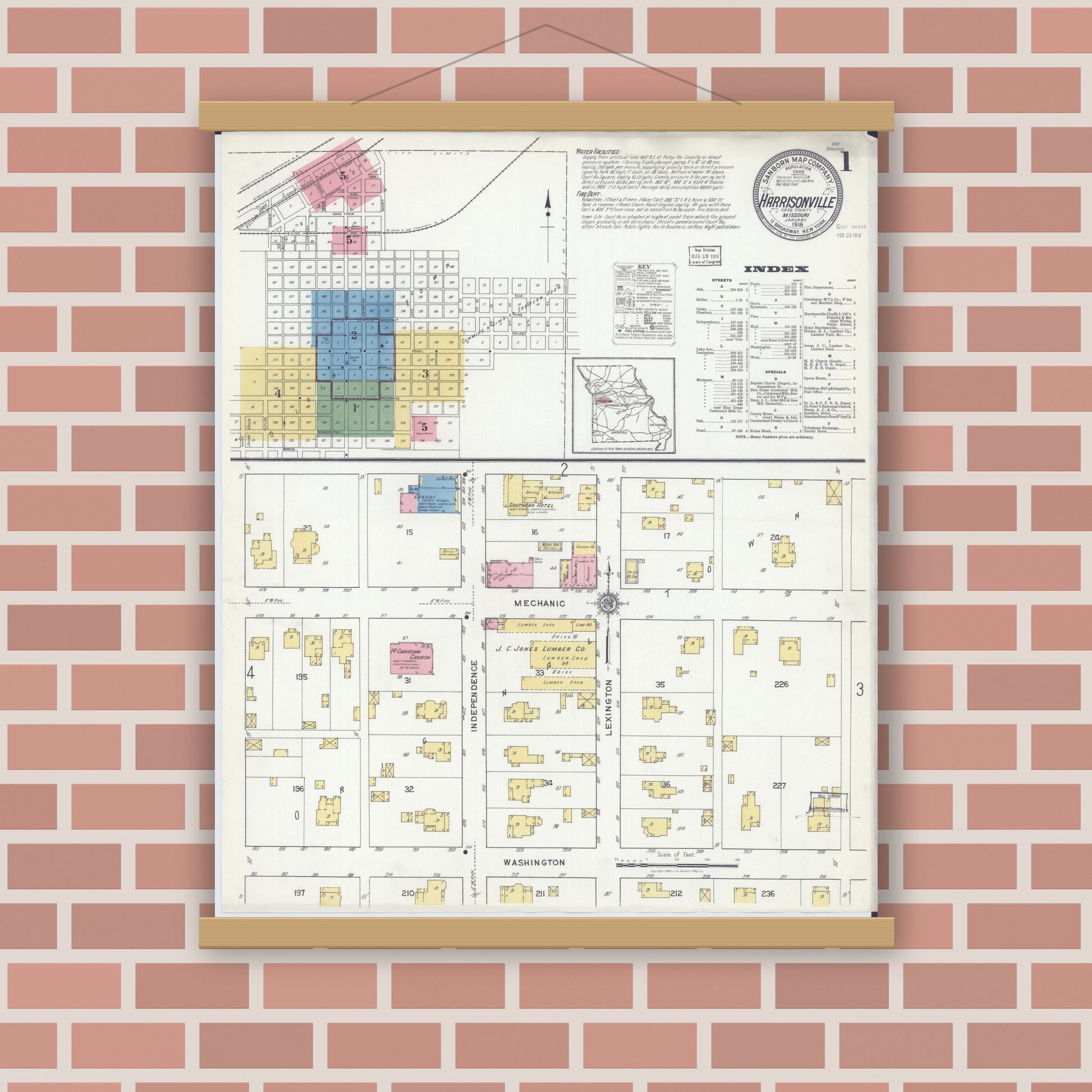 Old map wall art mockup — magnetic wood frame on brick wall — Sanborn Fire Insurance Map from Harrisonville, Cass County, Missouri (1918), Sheet #0001