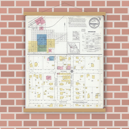 Old map wall art mockup — magnetic wood frame on brick wall — Sanborn Fire Insurance Map from Harrisonville, Cass County, Missouri (1918), Sheet #0001