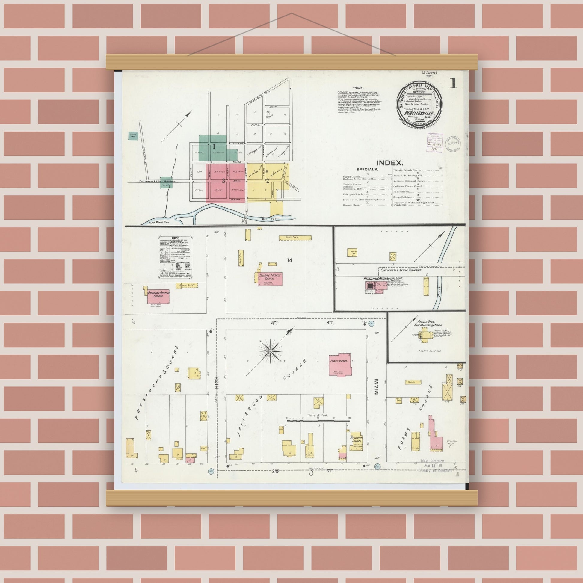 Old map wall art mockup — magnetic wood frame on brick wall — Sanborn Fire Insurance Map from Waynesville, Warren County, Ohio (1901) - Complete Map Set