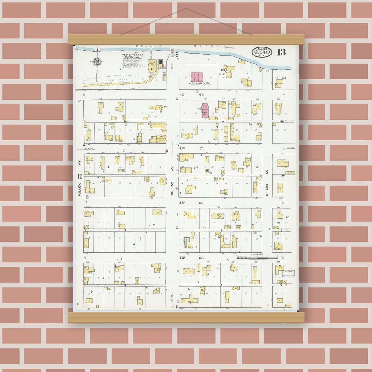 Old map wall art mockup — magnetic wood frame on brick wall — Sanborn Fire Insurance Map from Oconto, Oconto County, Wisconsin (1919), Sheet #0013