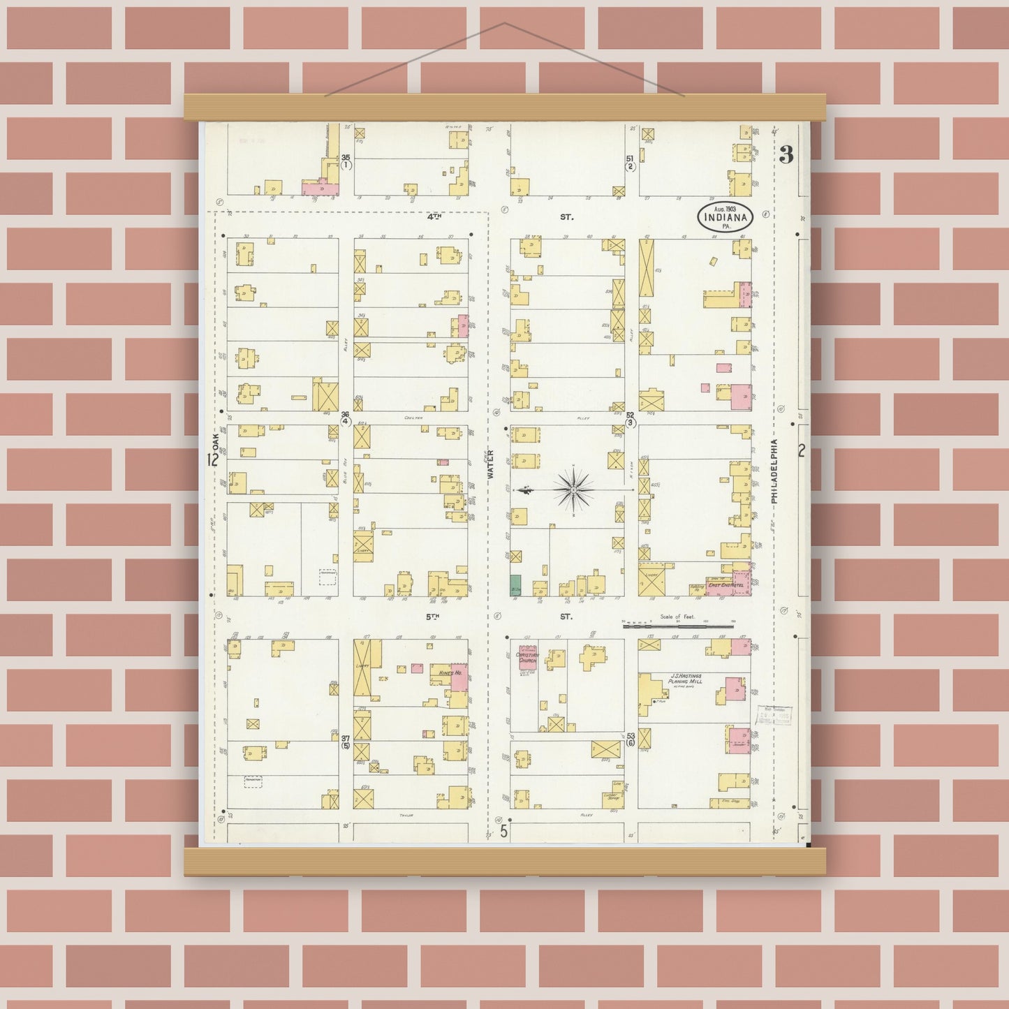 Old map wall art mockup — magnetic wood frame on brick wall — Sanborn Fire Insurance Map from Indiana, Indiana County, Pennsylvania (1903), Sheet #0003