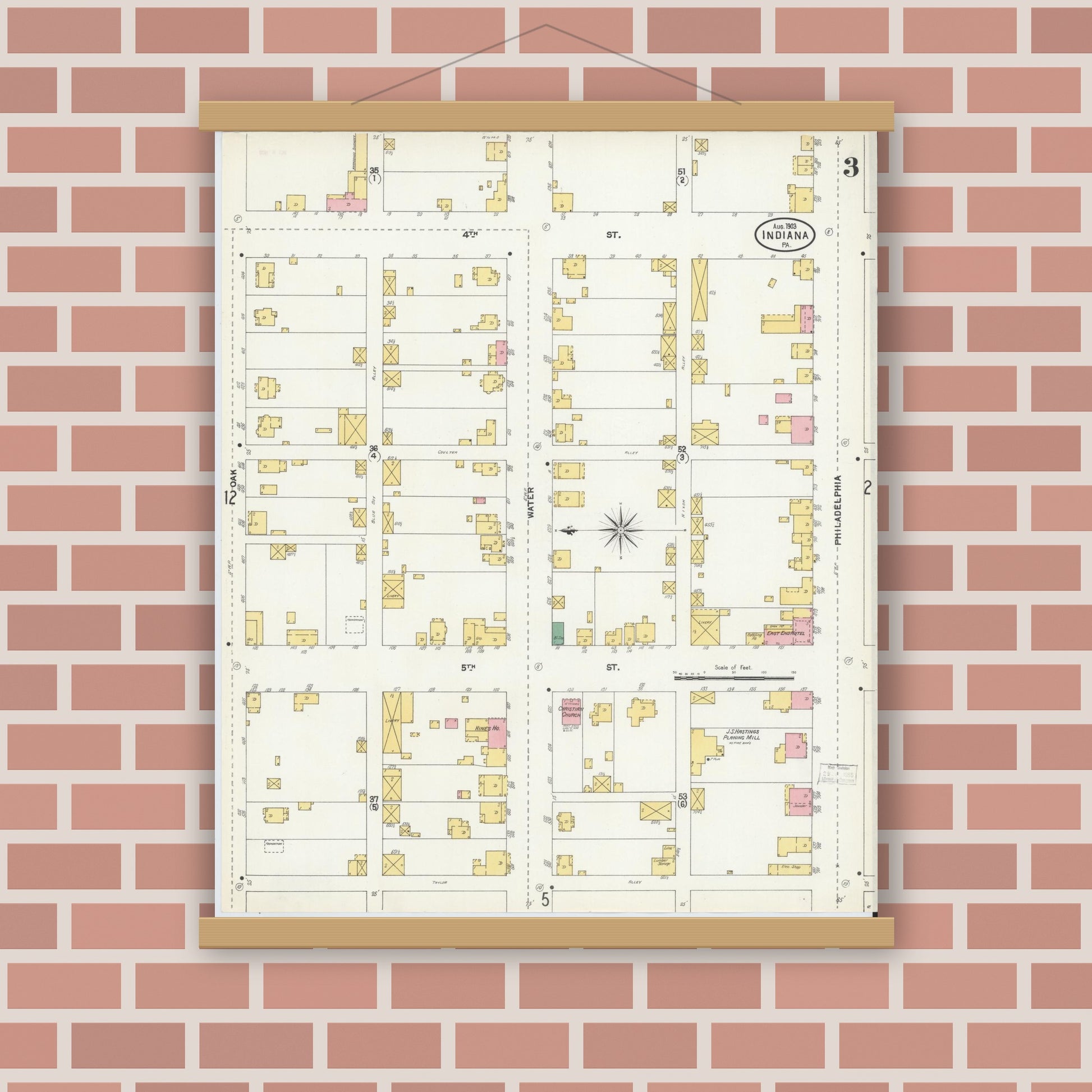 Old map wall art mockup — magnetic wood frame on brick wall — Sanborn Fire Insurance Map from Indiana, Indiana County, Pennsylvania (1903), Sheet #0003